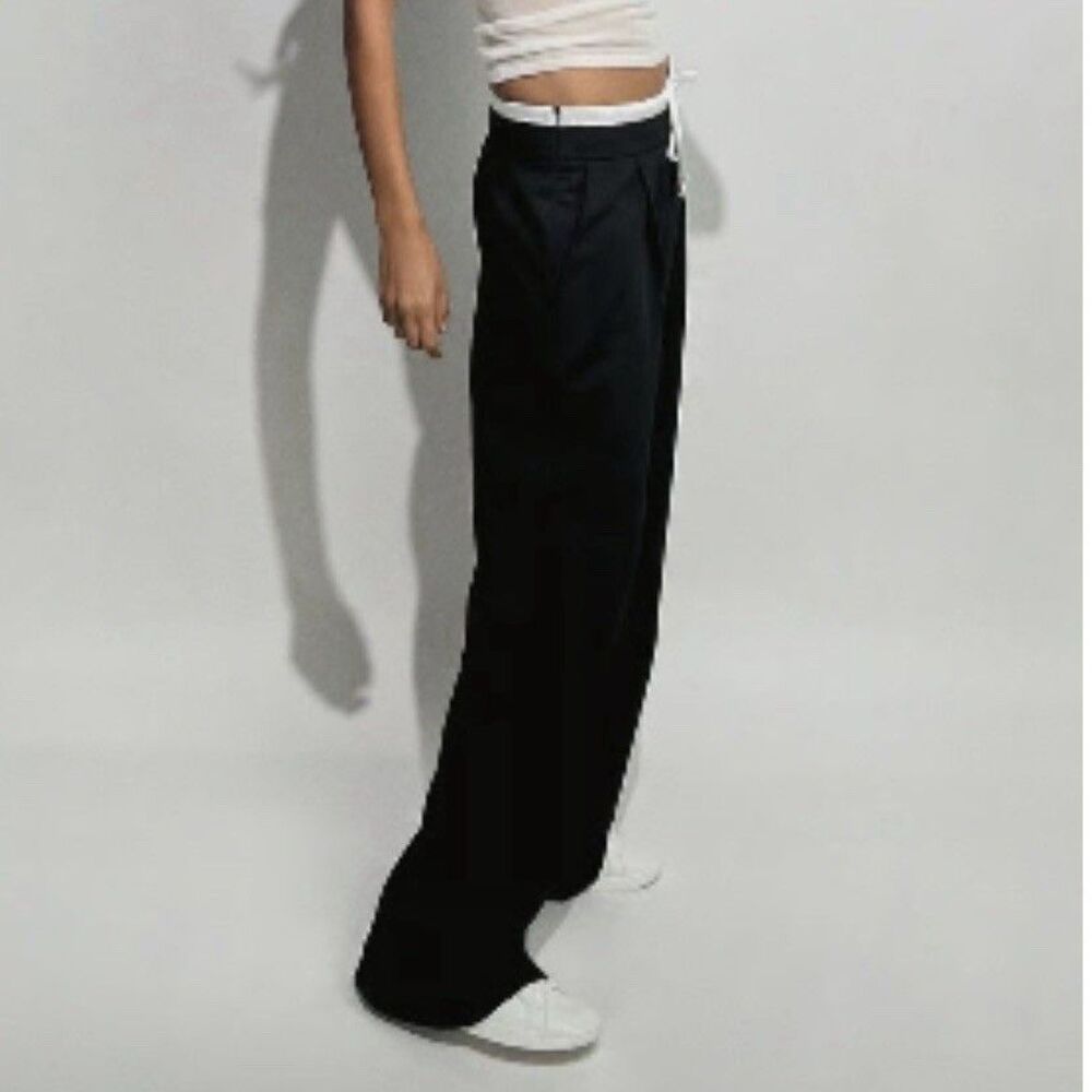 Zara Double Waisted Wide Leg Side Zip Black Drawstring Pants Size Medium - Picture 12 of 12